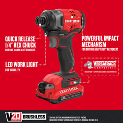 Craftsman V20 20 V 1/4 in. Cordless Brushless Impact Driver Kit (Battery & Charger)