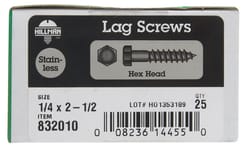 Hillman 1/4 in. S X 2-1/2 in. L Hex Stainless Steel Lag Screw 25 pk