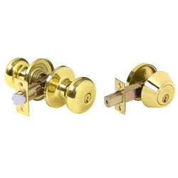 Tell Parkland Bright Brass Knob and Single Cylinder Deadbolt ANSI Grade 3 1-3/4 in.