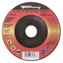 Forney 4-1/2 in. D X 1/8 in. thick T X 7/8 in. S Metal Grinding Wheel 1 pc