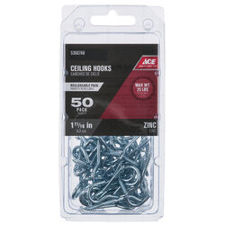 Ace Small Zinc-Plated Silver Steel 1.6875 in. L Ceiling Hook 25 lb 50 pk